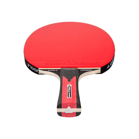 White background, JOOLA Carbon Speed Table Tennis racket with a red surface, and black and red handle.