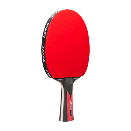 White background, JOOLA Carbon Speed Table Tennis Racket with a Red Surface and a black and red handle.