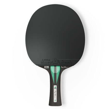 White background, product image of the JOOLA x Hugo calderano table tennis blade, black and green handle with a black rubber surface.