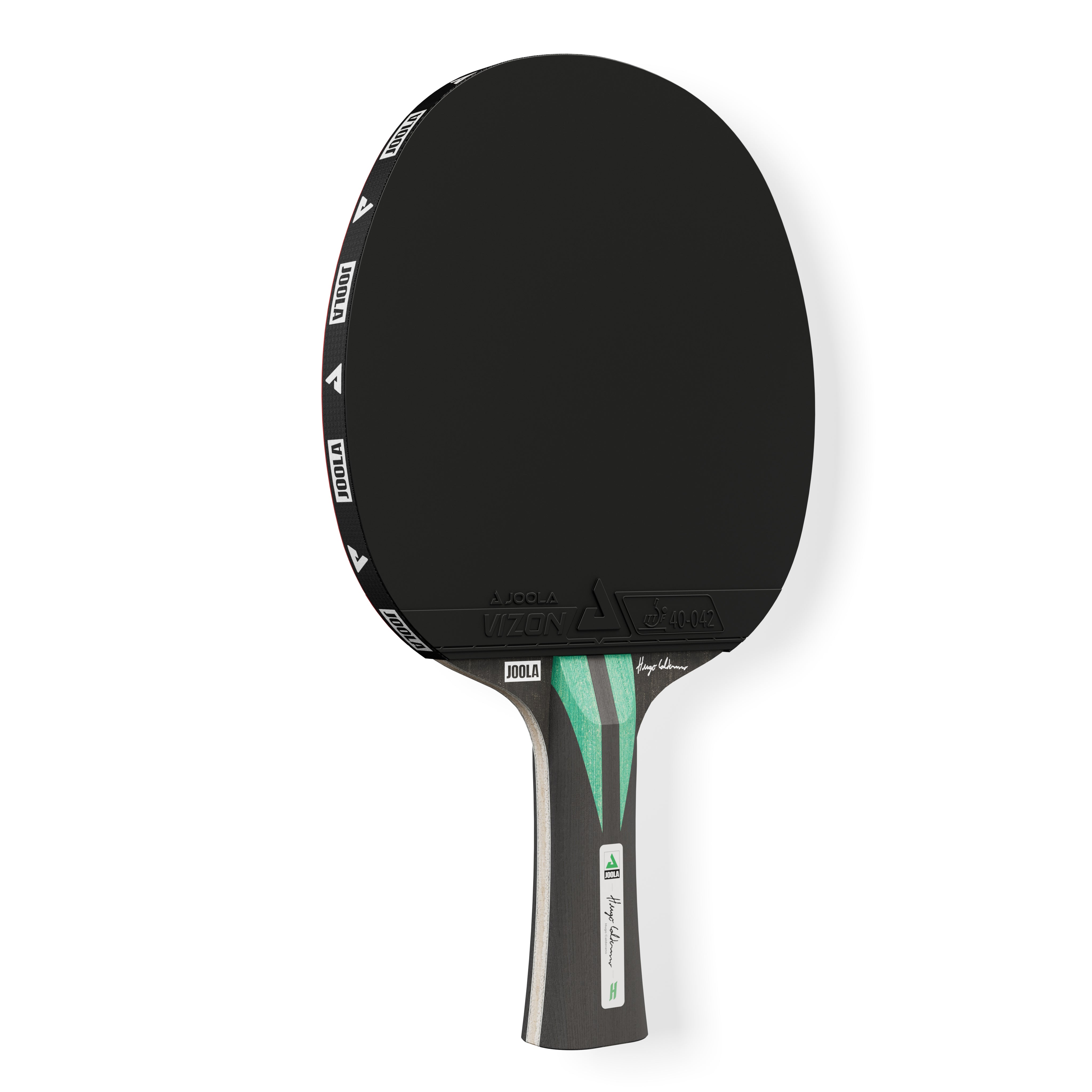 White background, product image of the JOOLA x Hugo calderano table tennis blade, black and green handle with a black rubber surface.