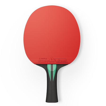 White background, product image of the JOOLA x Hugo calderano table tennis blade, black and green handle with a red rubber surface.