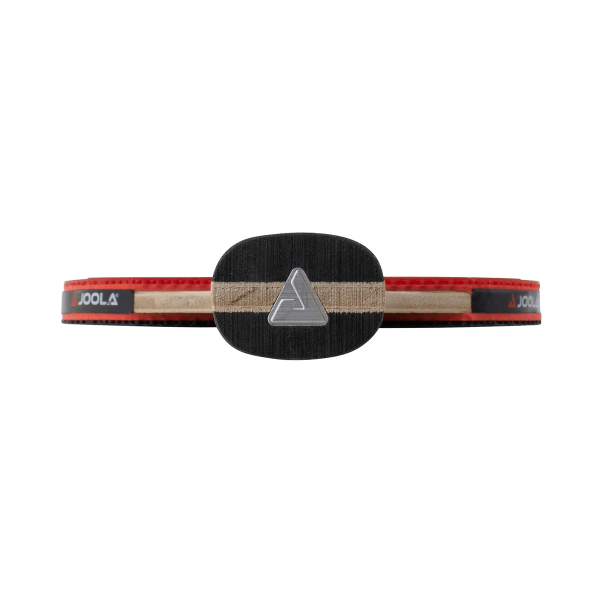 White Background Image: Product image close up on the JOOLA Infinity logo on the bottom side of the JOOLA Rosskopf Classic Table Tennis Racket.