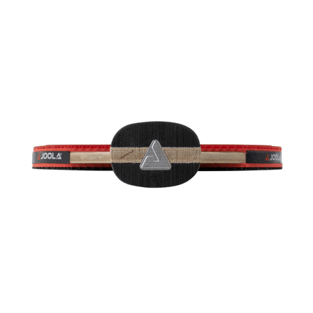 White Background Image: Product image close up on the JOOLA Infinity logo on the bottom side of the JOOLA Rosskopf Classic Table Tennis Racket.