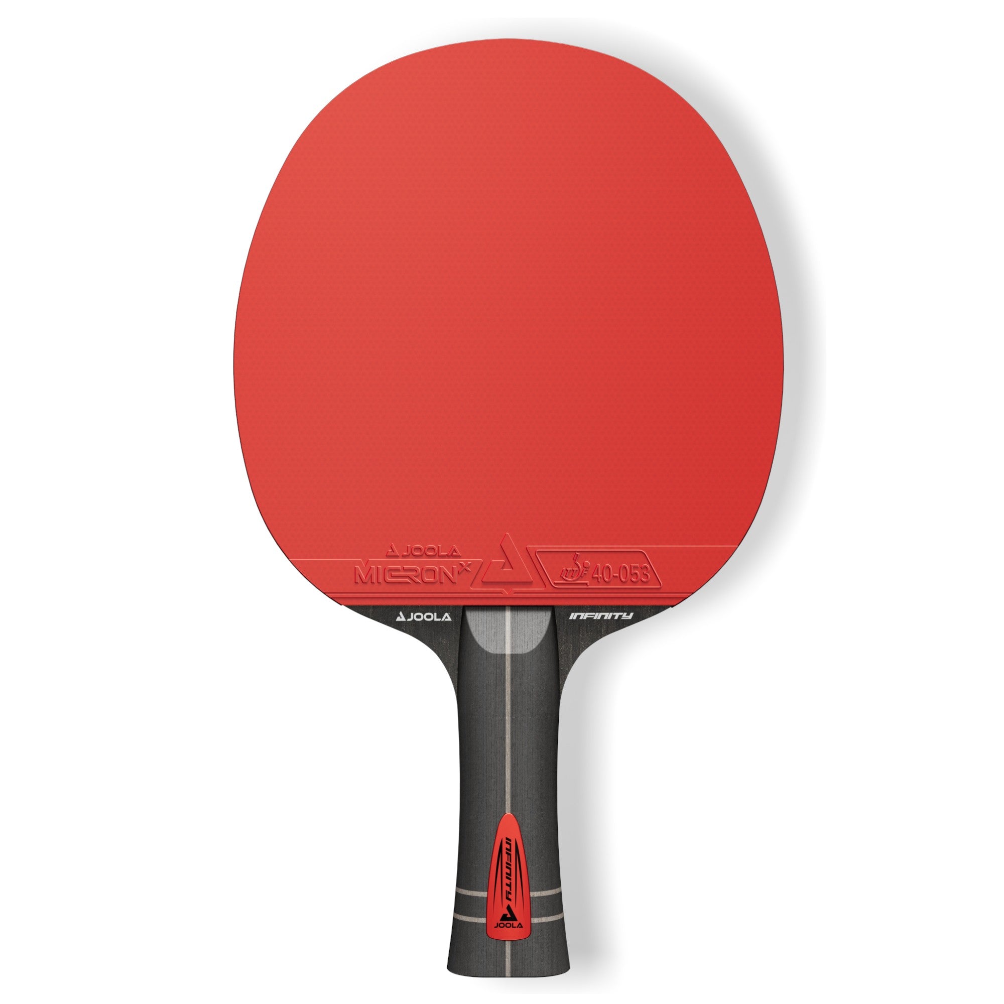 White background, product image showing the JOOLA Infinity Z Carbon Table Tennis Racket, red surface and black hande.