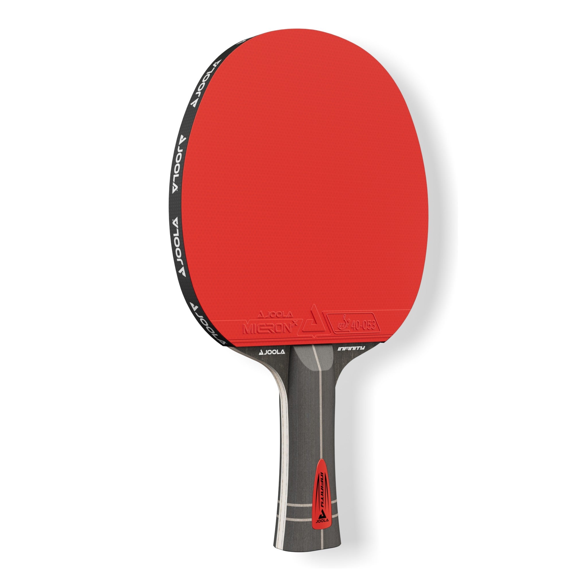 White background, product image showing the JOOLA Infinity Z Carbon Table Tennis Racket, red surface and black hande.