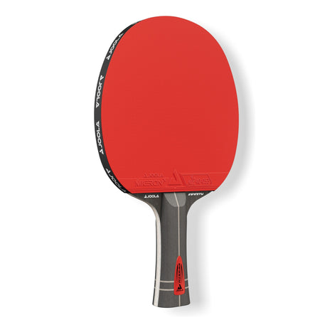 White background, product image showing the JOOLA Infinity Z Carbon Table Tennis Racket, red surface and black hande.