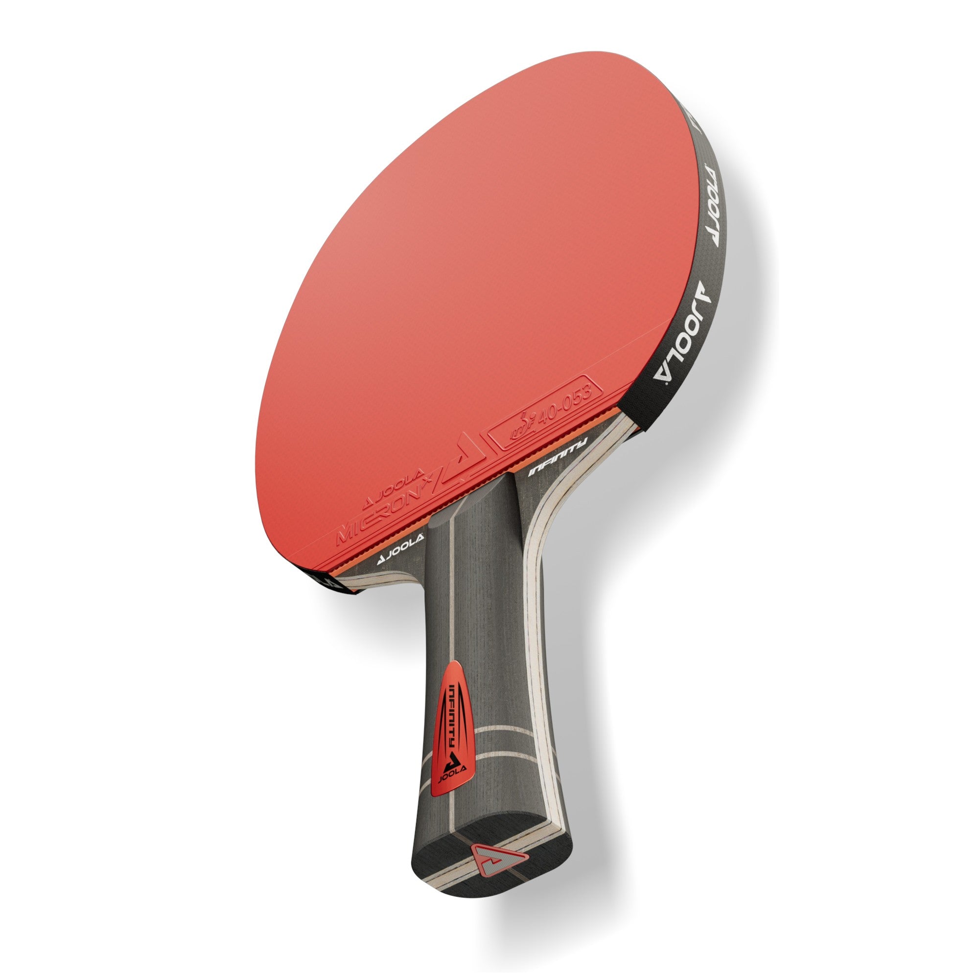 White background, product image showing the JOOLA Infinity Z Carbon Table Tennis Racket, red surface and black hande.