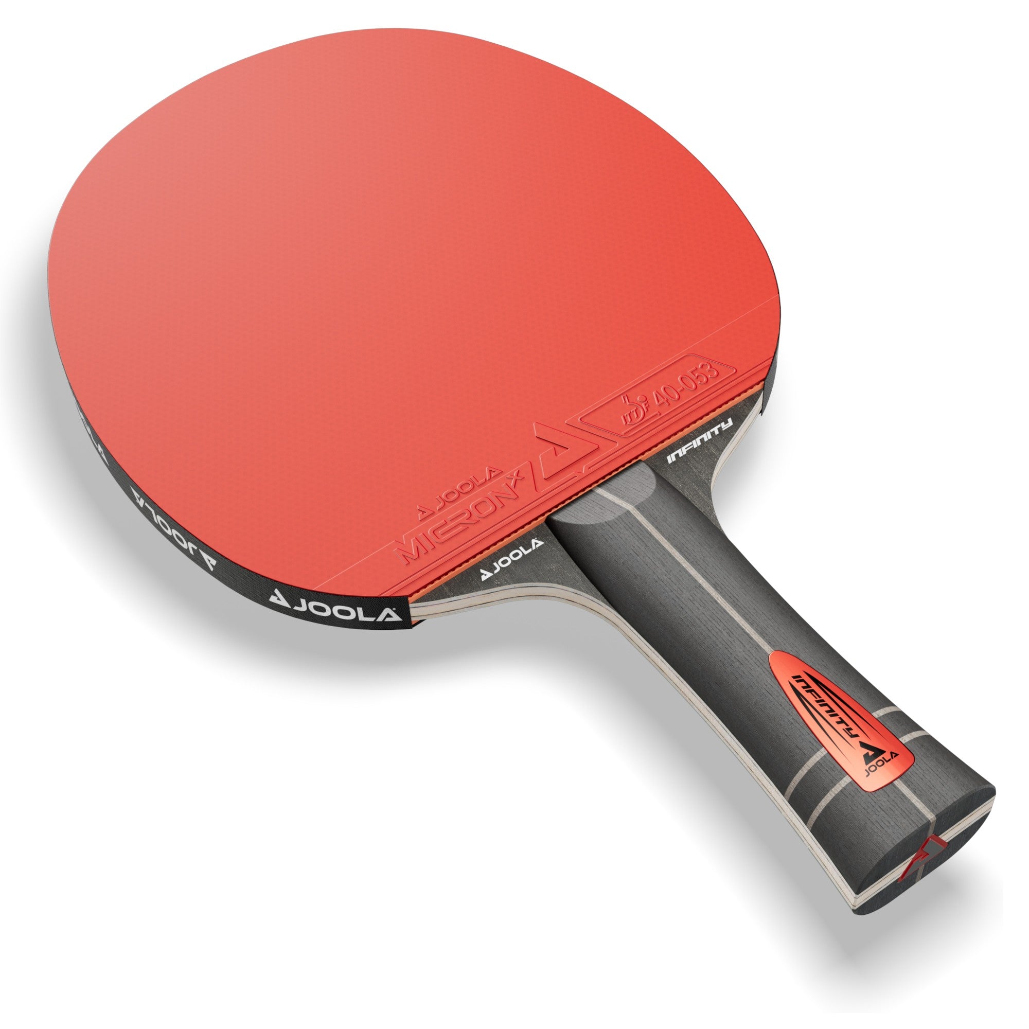 White background, product image showing the JOOLA Infinity Z Carbon Table Tennis Racket, red surface and black hande.