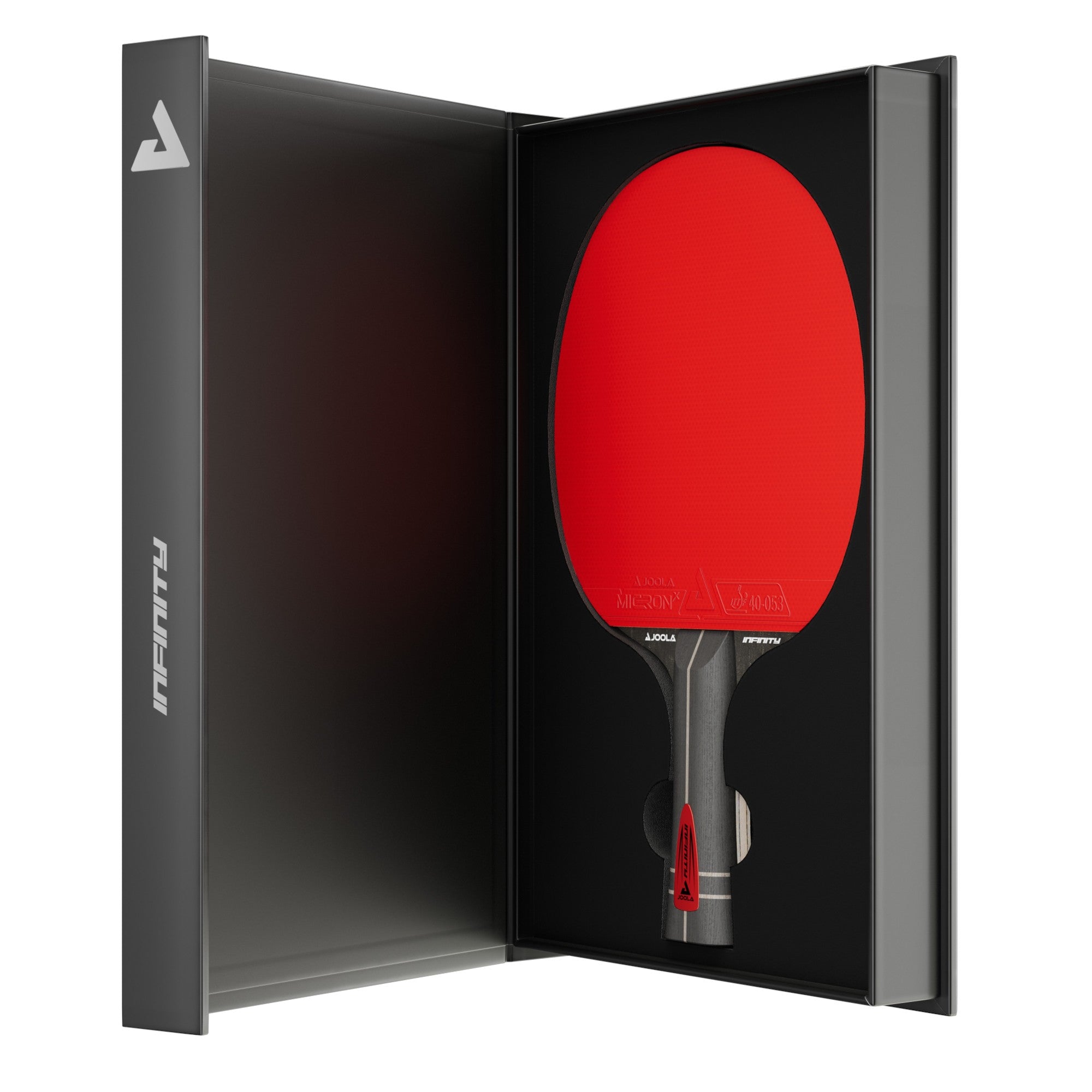 White background, product image showing an open box containing the JOOLA Infinity Z Carbon Table Tennis racket.