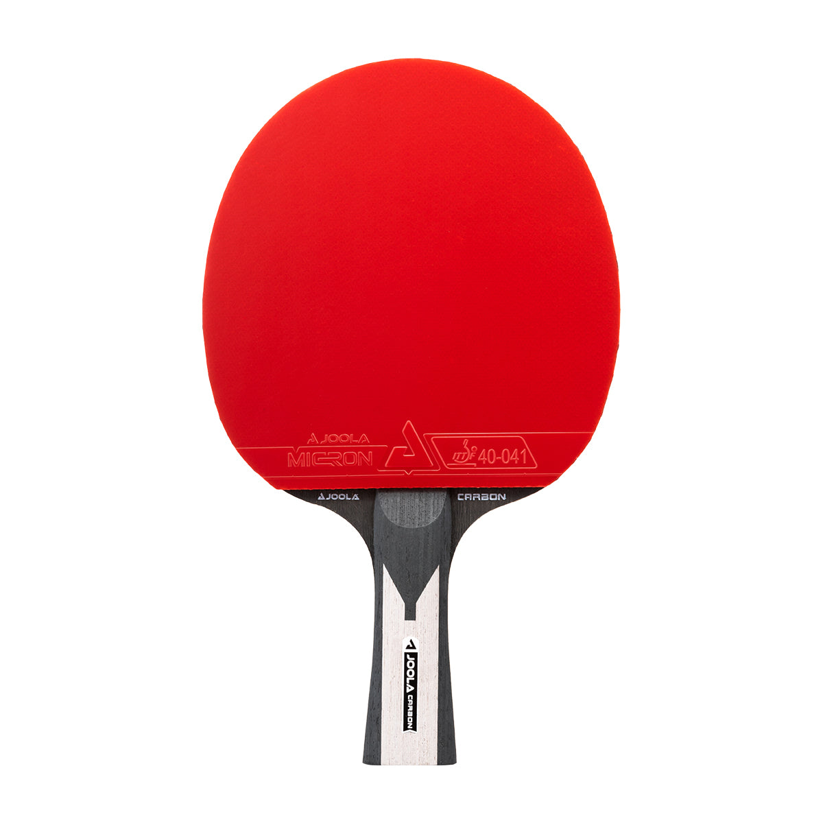 White background, JOOLA Carbon X Pro table tennis racket with a red racket surface.