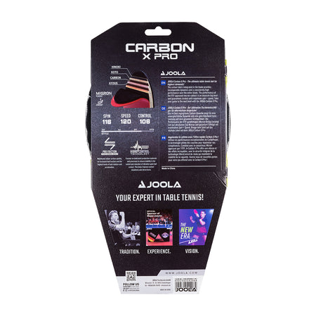 The back of a JOOLA Carbon X Pro table tennis paddle packaging on a white background.