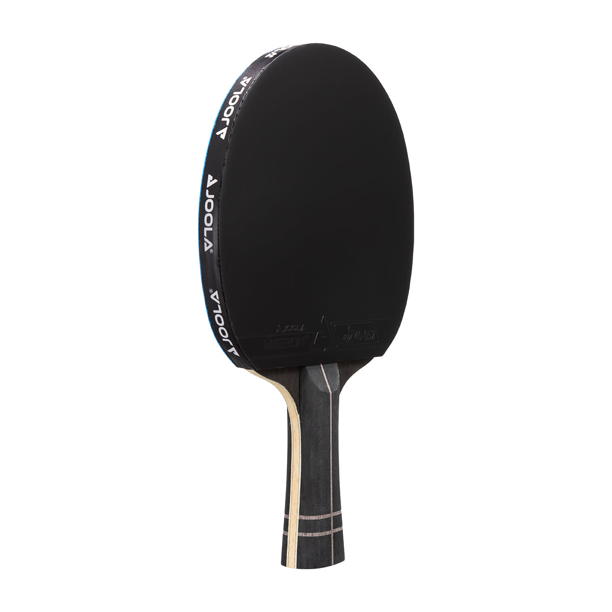 Black table tennis paddle with brand name on a white background