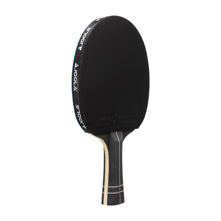 Black table tennis paddle with brand name on a white background