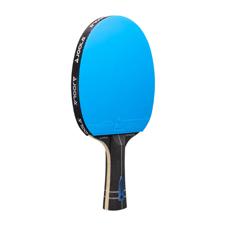 Blue table tennis paddle with black handle on a white background