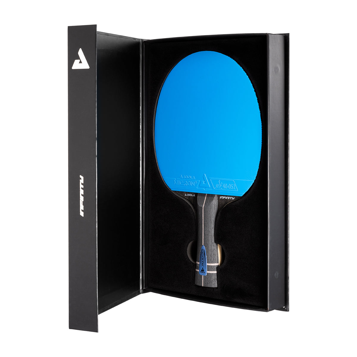 White background, blue JOOLA Infinity GL Ping Pong Paddle in a black case.