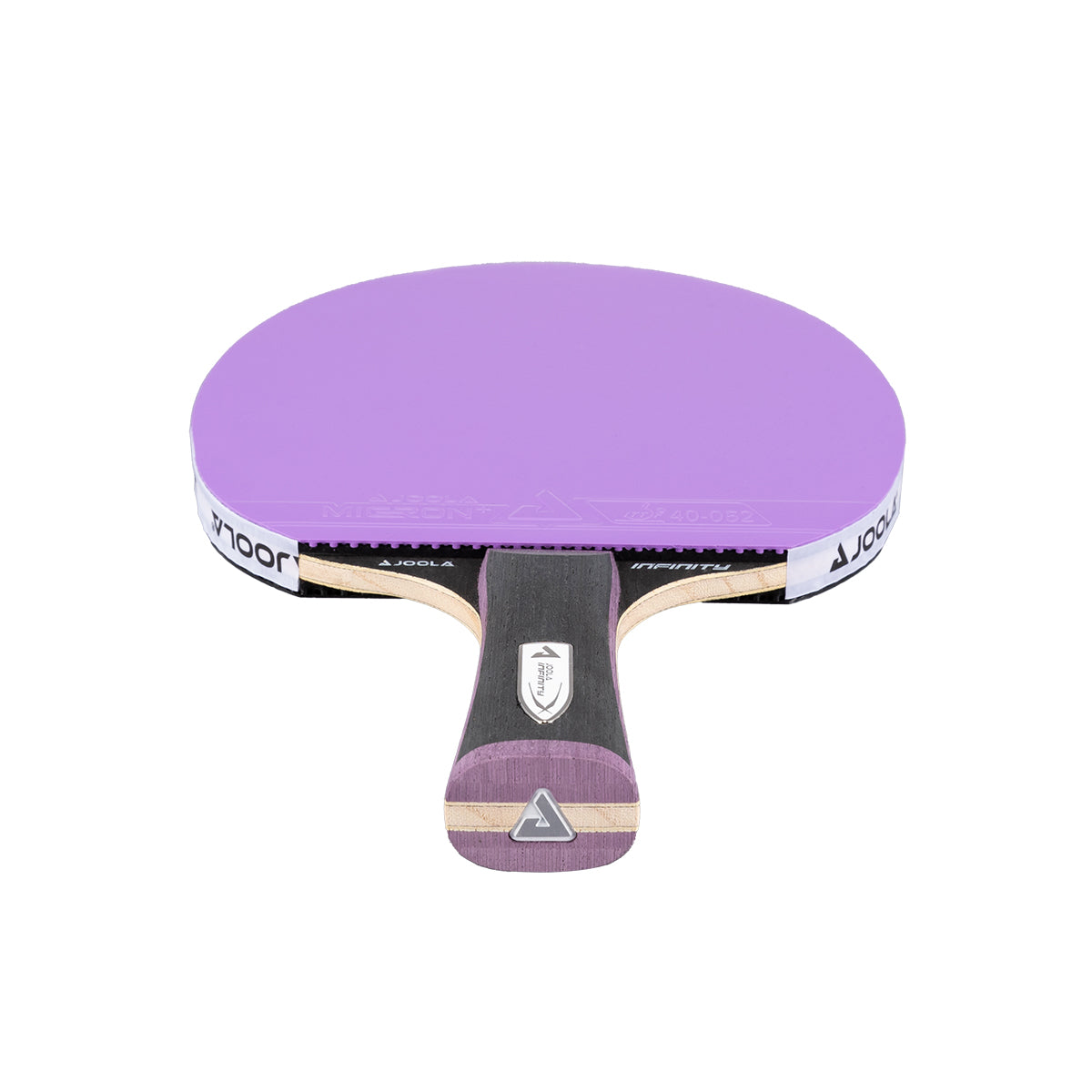 White background, JOOLA Infinity Carbon table tennis racket with a purple surface and gray and purple handle.