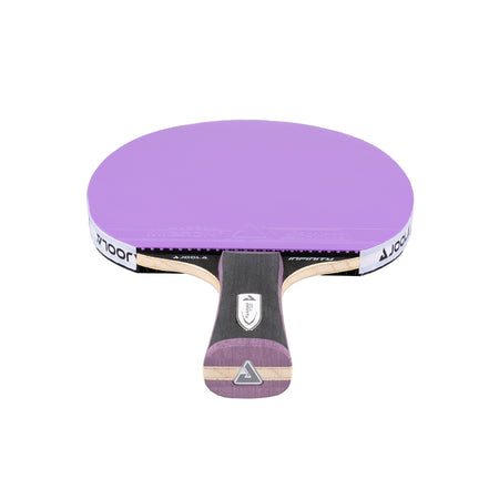 White background, JOOLA Infinity Carbon table tennis racket with a purple surface and gray and purple handle.