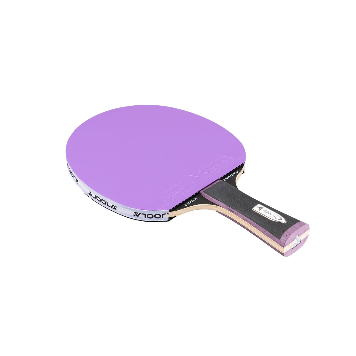 White background, JOOLA Infinity Carbon table tennis racket with a purple surface and gray and purple handle.