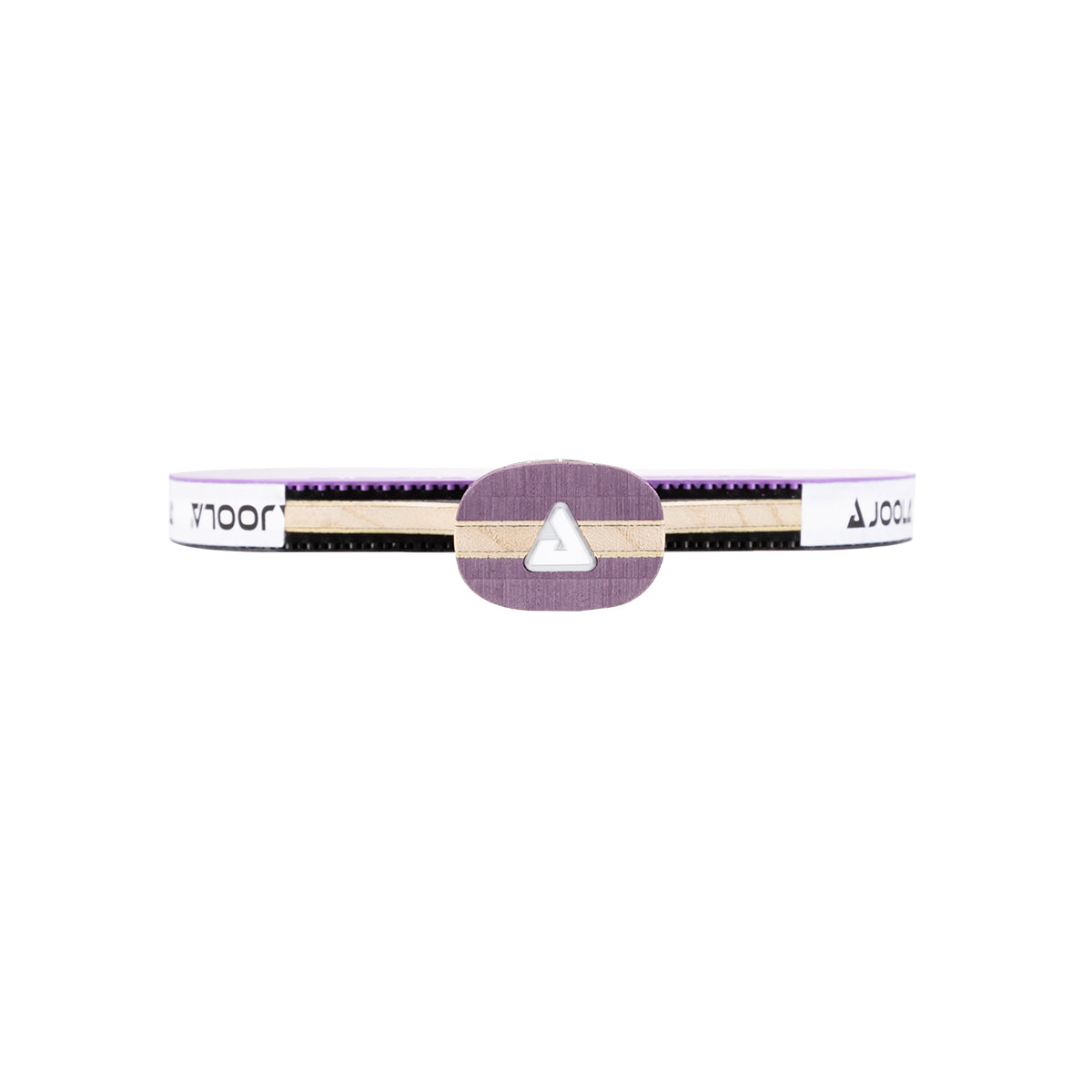 White background, JOOLA Infinity Carbon table tennis racket with a purple surface and gray and purple handle. Showing the bottom of the paddle with the JOOLA Trinity logo.