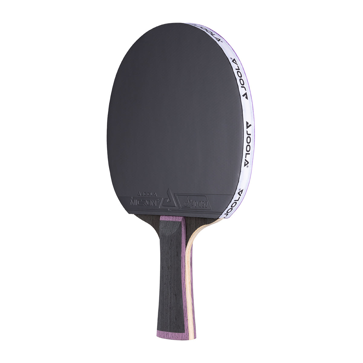 White background, JOOLA table tennis racket with a black surface, and a black handle with a purple accents.