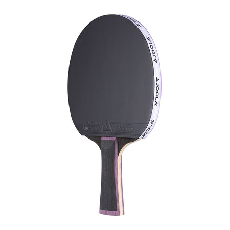 White background, JOOLA table tennis racket with a black surface, and a black handle with a purple accents.