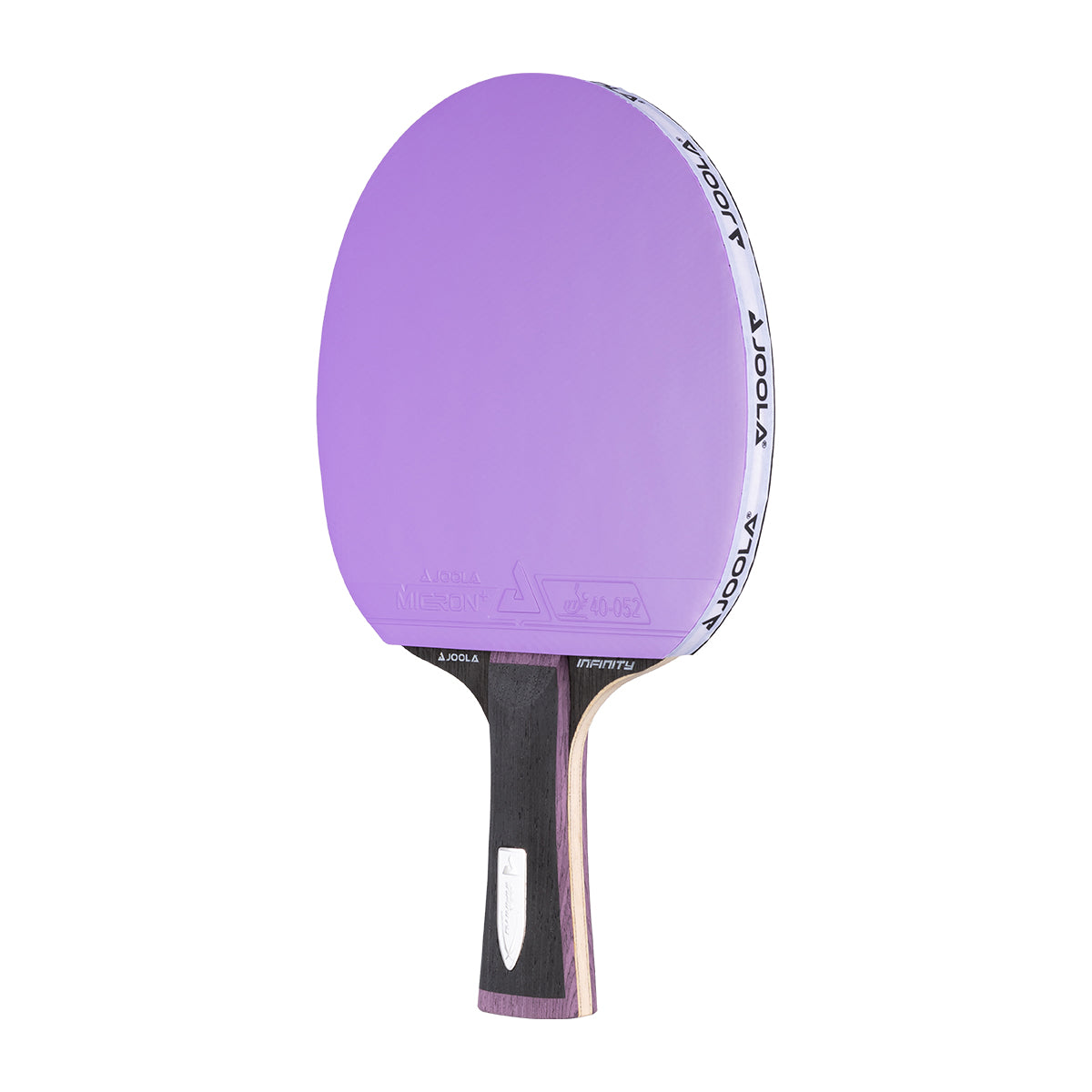 White background, JOOLA Infinity Carbon table tennis racket with a purple surface and gray and purple handle.