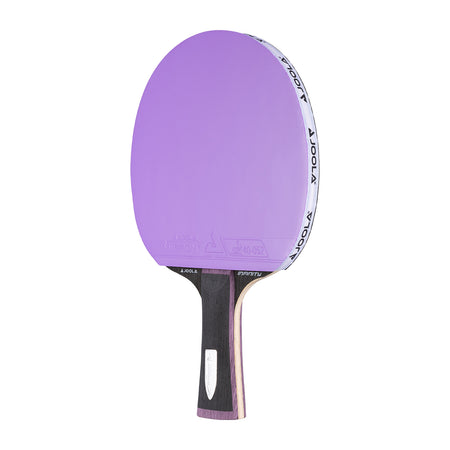 White background, JOOLA Infinity Carbon table tennis racket with a purple surface and gray and purple handle.