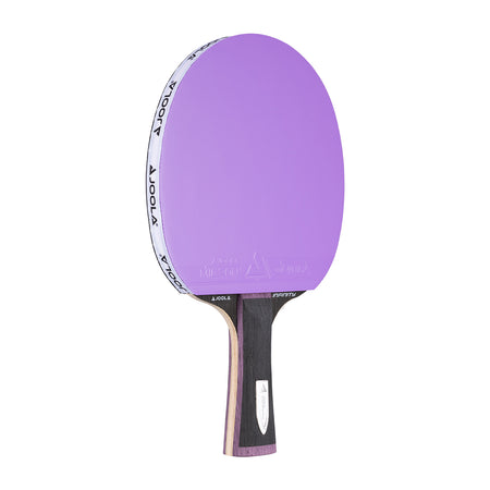 White background, JOOLA Infinity Carbon table tennis racket with a purple surface and gray and purple handle.