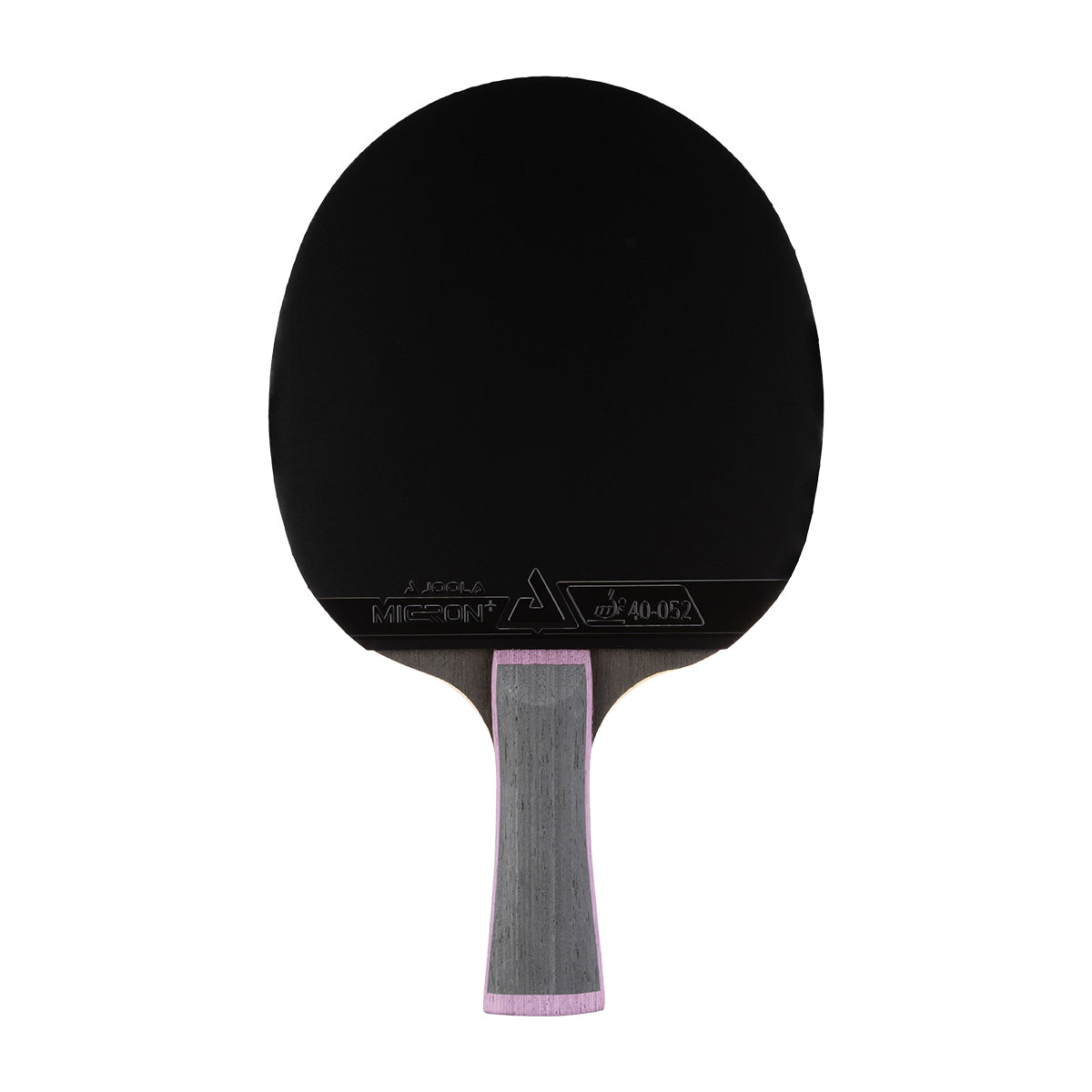White background, JOOLA Infinity Carbon table tennis racket with a black surface and gray and purple handle.