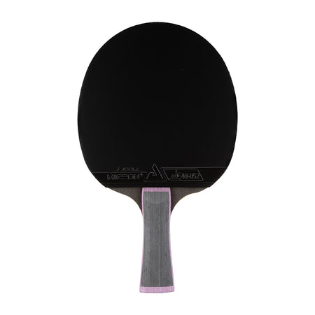 White background, JOOLA Infinity Carbon table tennis racket with a black surface and gray and purple handle.