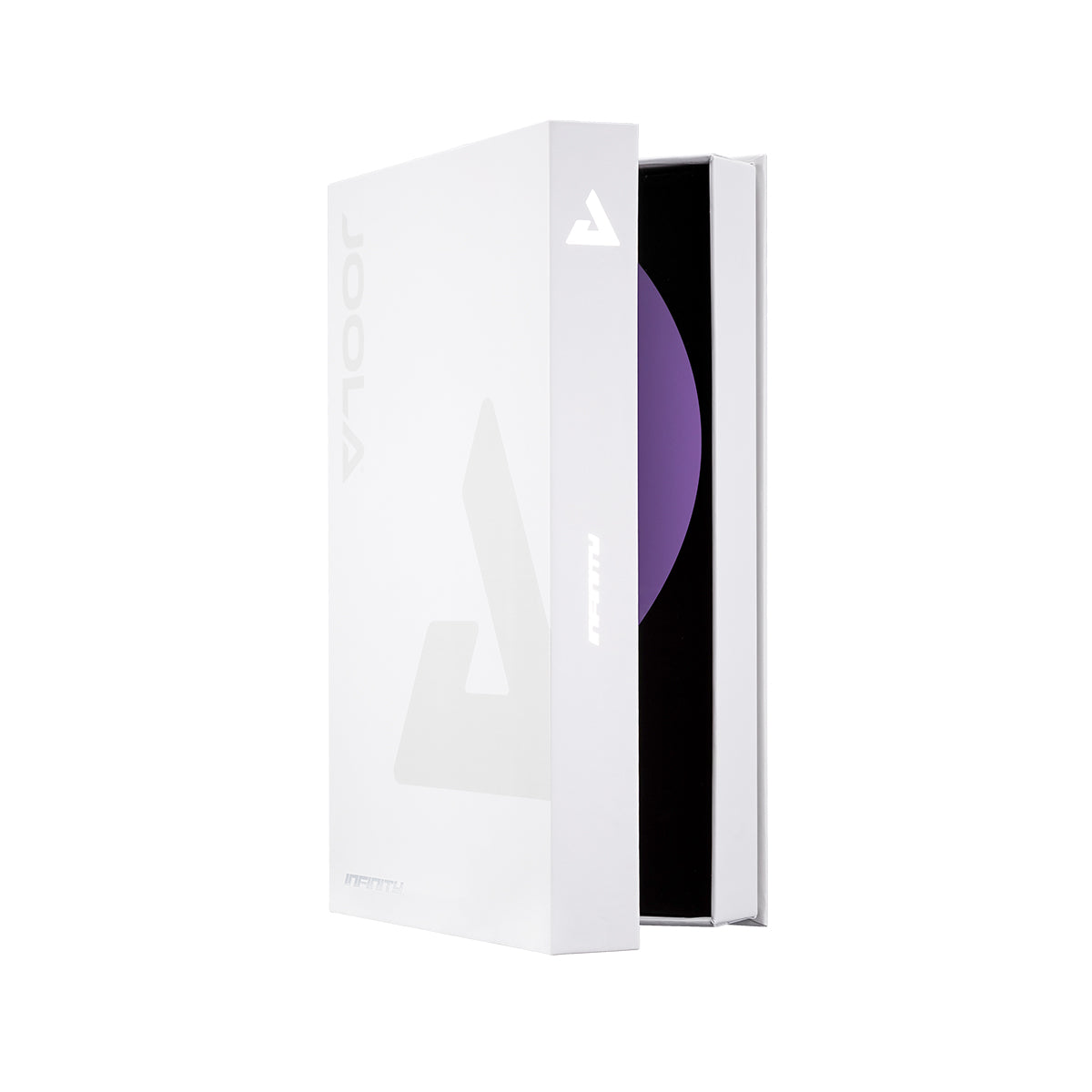 White rectangular box with a purple surfaced table tennis racket with a circular design on a white background.