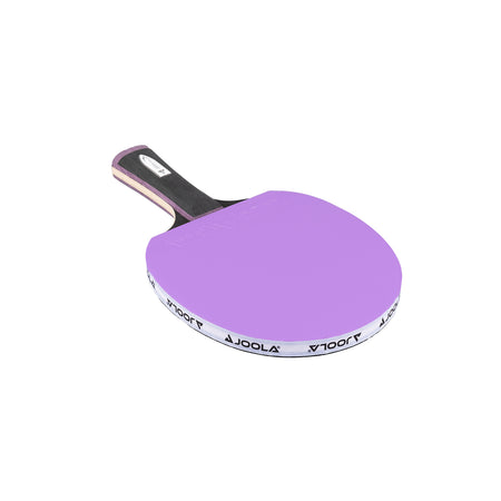 White background, JOOLA Infinity Carbon table tennis racket with a purple surface and gray and purple handle.