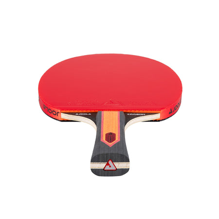 Red JOOLA table tennis racket with black handle on a white background.