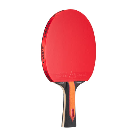 Red JOOLA table tennis racket with black handle on a white background.