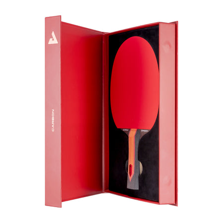 Red table tennis racket in a red box with a white background.