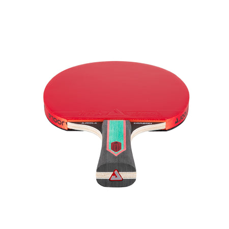 White background, JOOLA Red Carbon CTR table tennis racket with a red surface.