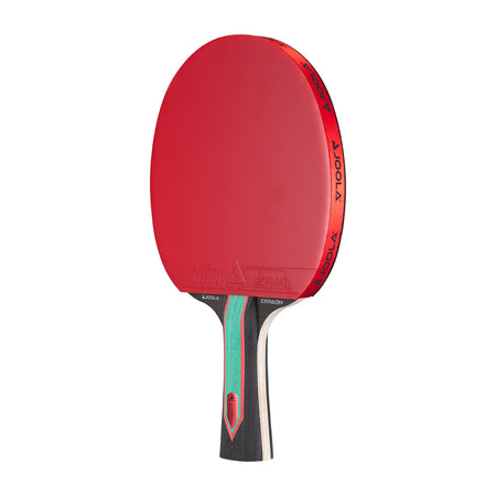 White background, JOOLA Red Carbon CTR table tennis racket with a red surface.