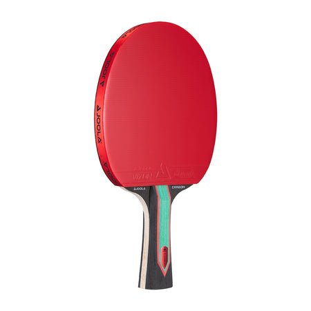 White background, JOOLA Red Carbon CTR table tennis racket with a red surface.