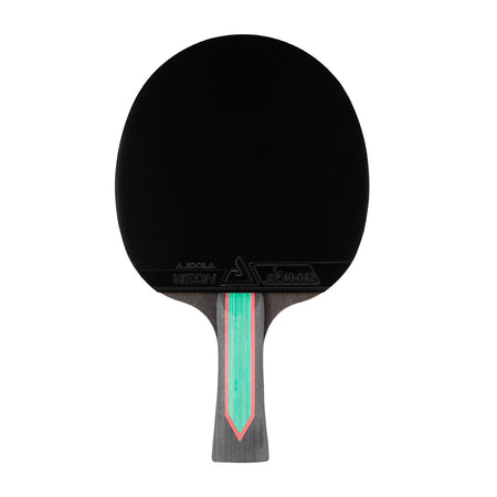 White background, JOOLA Red Carbon CTR table tennis racket with a black surface.