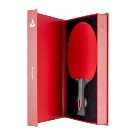 White background, JOOLA Red Carbon CTR Table Tennis Racket in a Premium package.