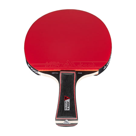 Red JOOLA table tennis racket with black handle on a white background.