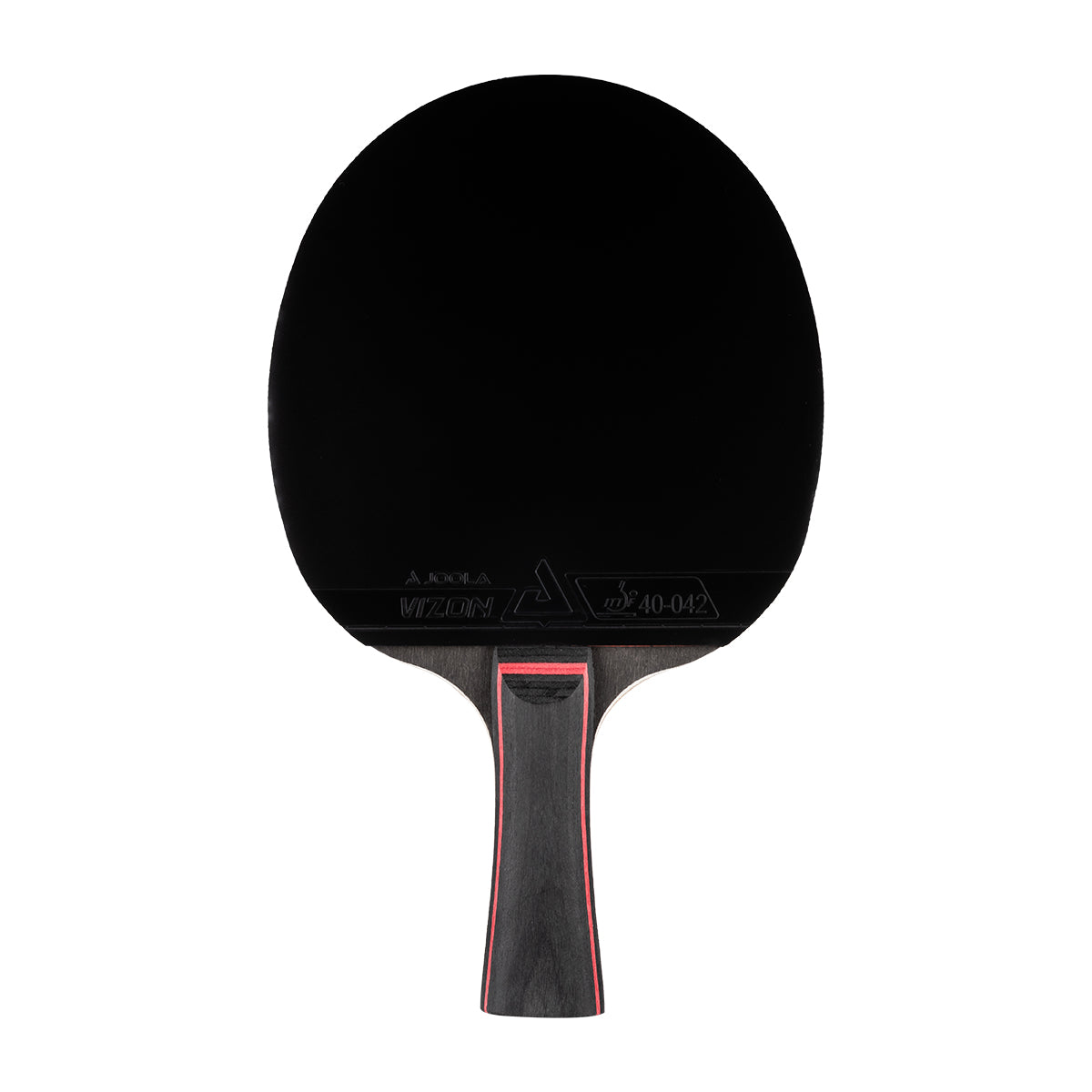 White background, JOOLA Table Tennis racket with a black surface and a black and red handle.