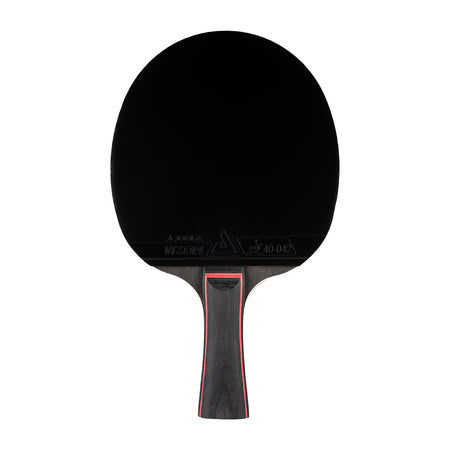 White background, JOOLA Table Tennis racket with a black surface and a black and red handle.
