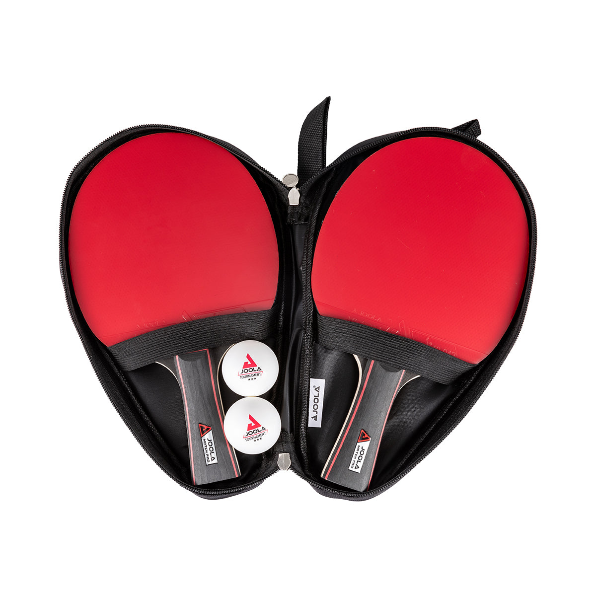 Table tennis paddle set with two paddles and two balls in a black case on a white background.