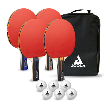 White background image showing four table tennis rackets with six table tennis balls and a table tennis racket case.