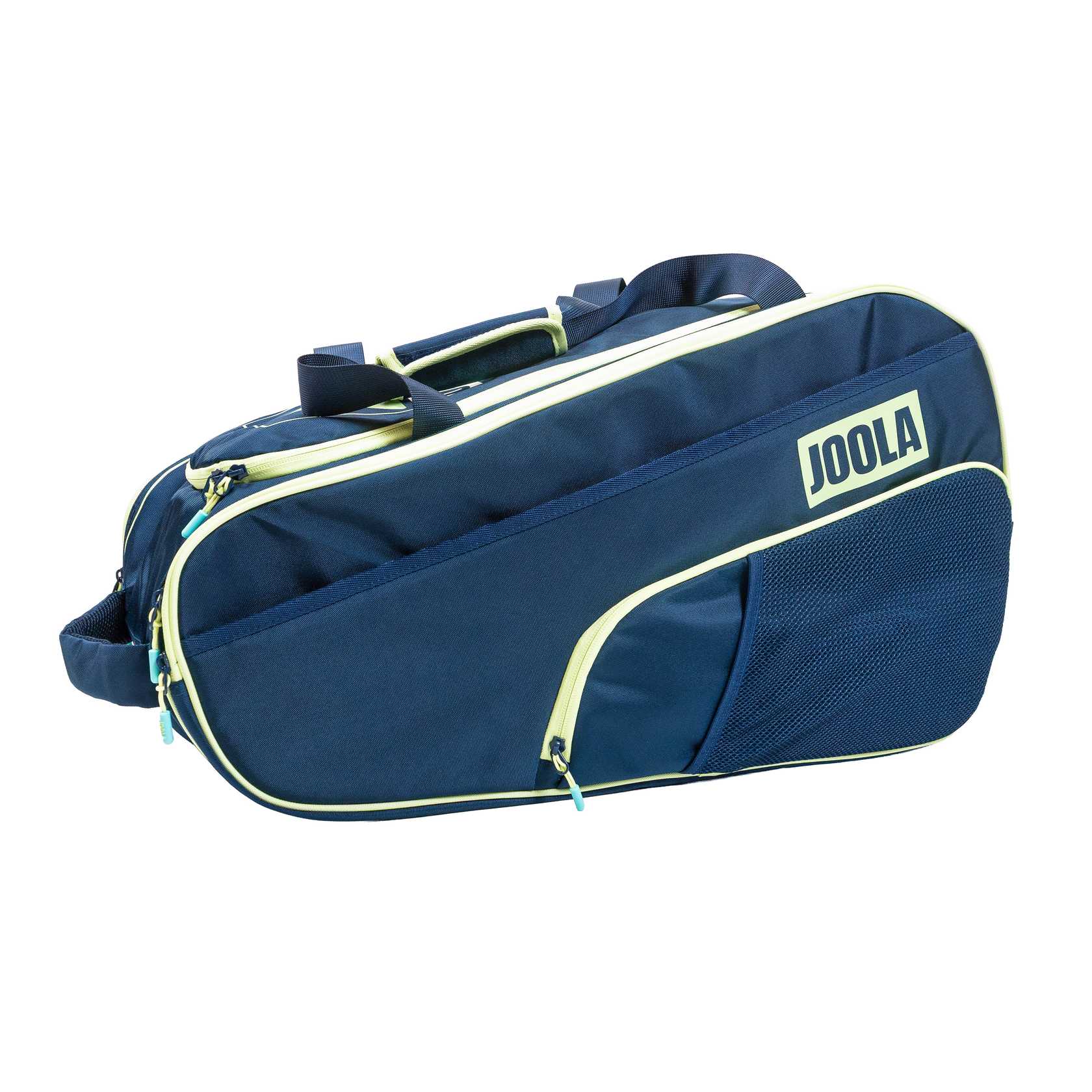 Blue sports bag with yellow accents and 'JOOLA' branding on a white background