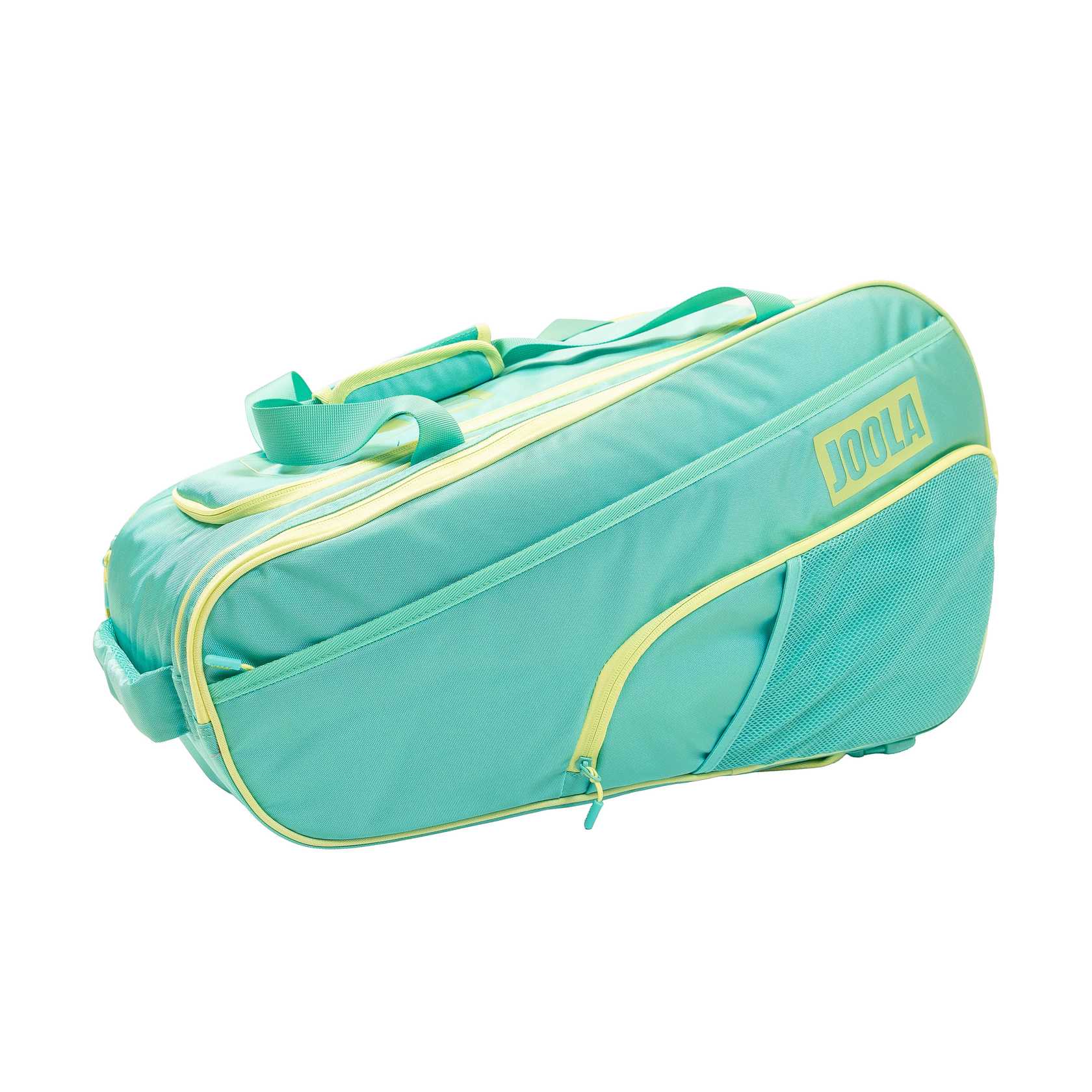 Teal JOOLA Tour Elite sports bag with yellow accents on a white background