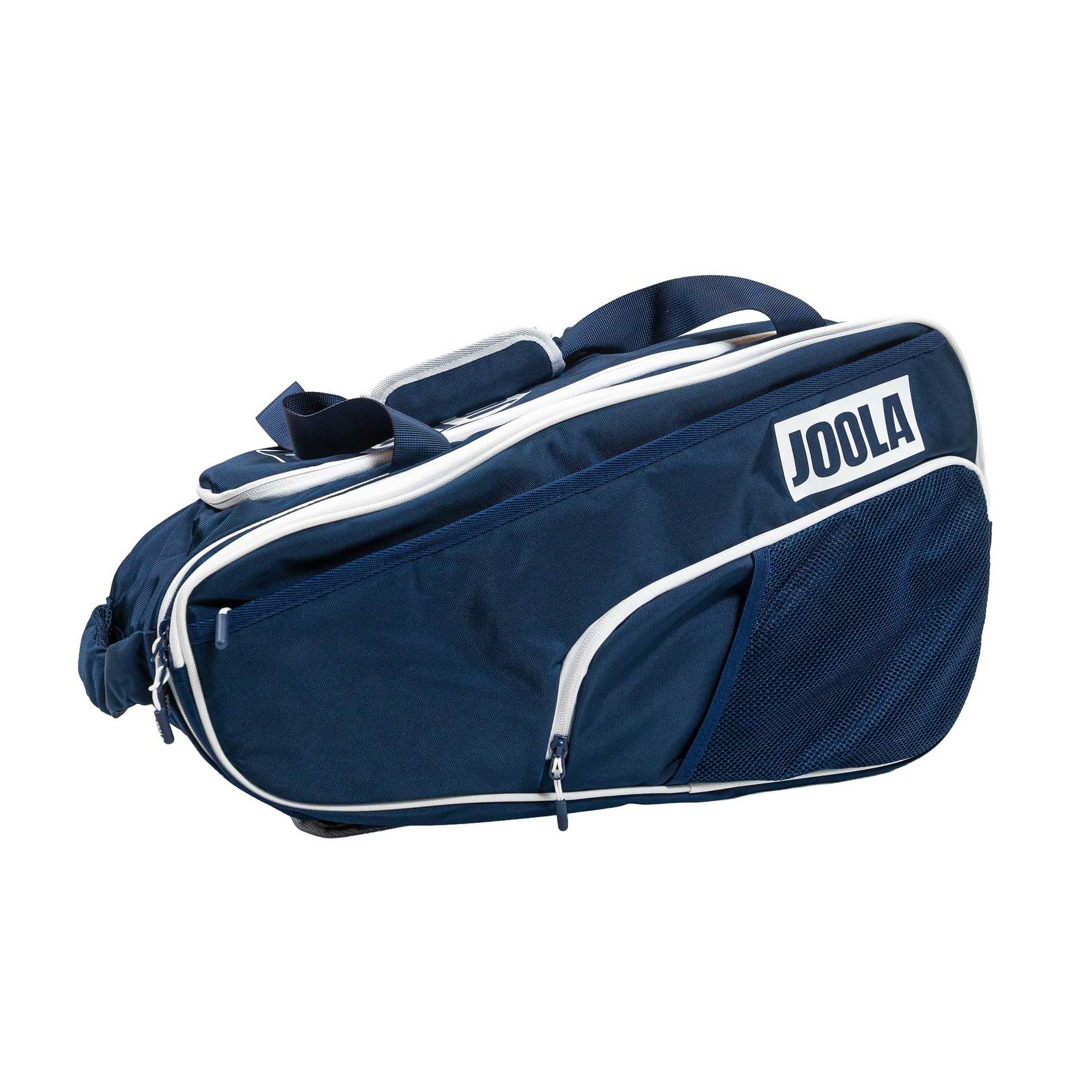 Navy blue Tour Elite sports bag with white accents and 'JOOLA' branding on a white background