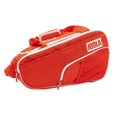 Red sports bag with white accents and 'JOOLA' branding on a white background