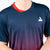 White background, close up on a JOOLA Trinity Logo on a men's JOOLA Competition table tennis shirt, with a half blue and red neckline.